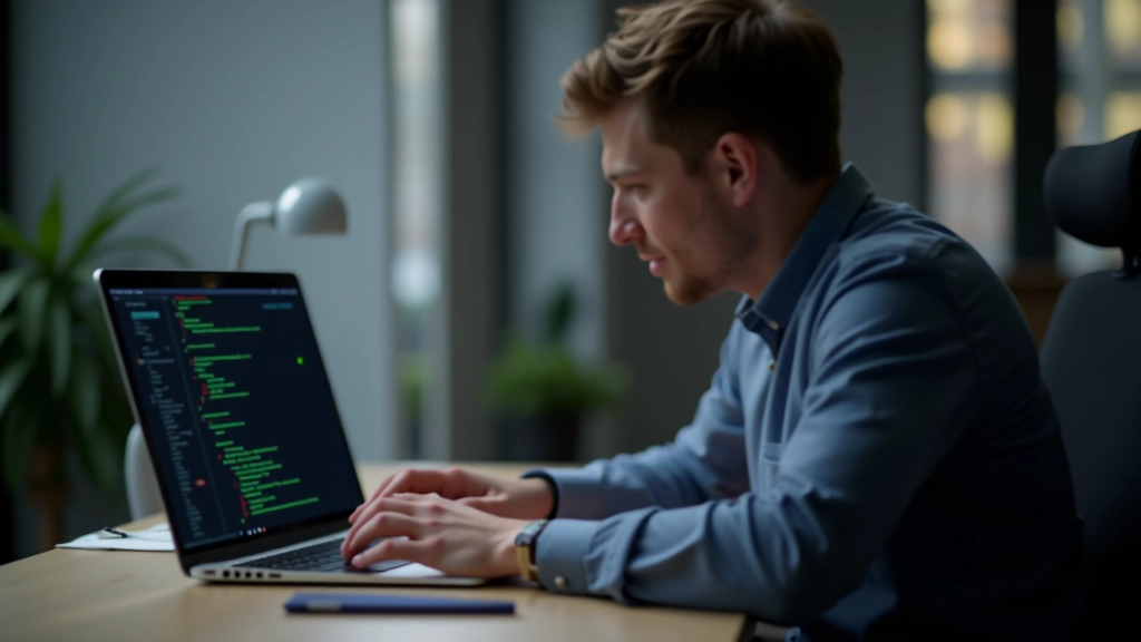 Laptop op werkbureau met open code-editor en notitieblok ernaast