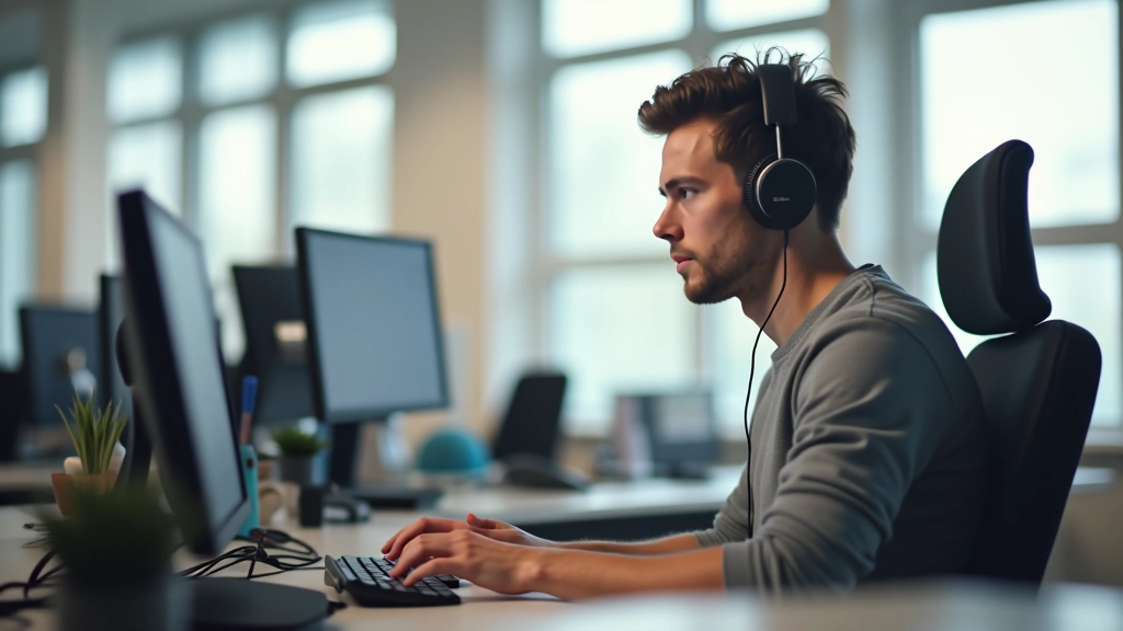 Persoon luistert met koptelefoon naar computer, schermlezer in gebruik